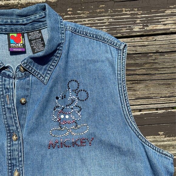 Vtg 90s Disney Mickey Mouse Chambray Denim Shirt Womens 18/20 Plus Sleeveless - Picture 3 of 9